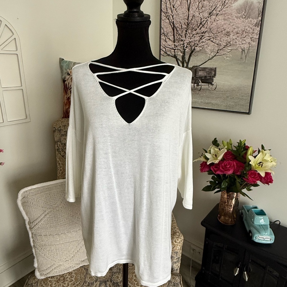 Material Girl White Cut Out Blouse with Crisscross Detail